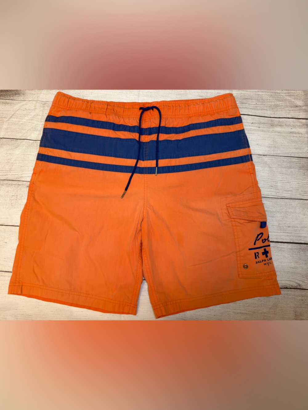 Polo by Ralph Lauren Orange & Navy Stripe Men's Swim Trunks sz Medium.